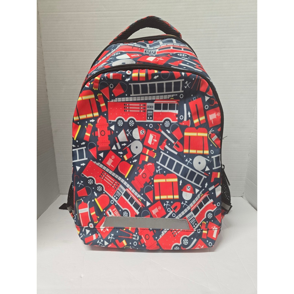 Fire Truck Print Backpack Red Blue Fire Engine School Bag with Reflective Strips